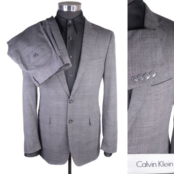 Calvin Klein SLIM Mens 40R Gray Plaid Wool 2-Pcs Suit With Dress Pants 32X27 - Picture 1 of 16